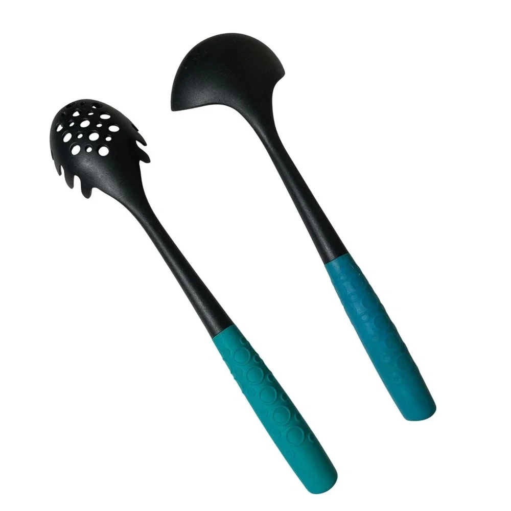 Cuisinart Utensil Set Ladle and Pasta Server‎ Spoon Teal Handle Nonstick Safe
